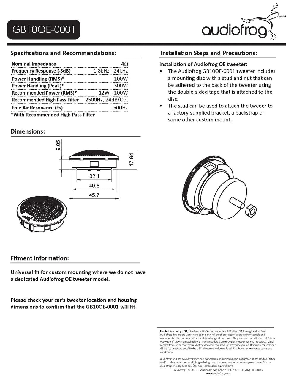 AudioFrog GB10OE-0001 GB-Series 1″ (25 MM) audiophile-grade tweeter, Universal fit
