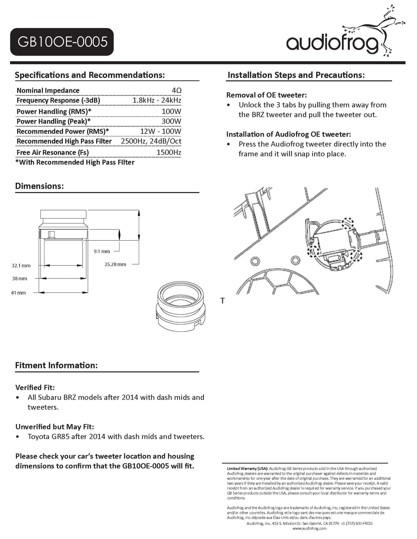 AudioFrog GB10OE-0005 GB-Series 1″ (25 MM) audiophile-grade tweeter, 2013+ Subaru BRZ, Toyota 86 w/dash top location