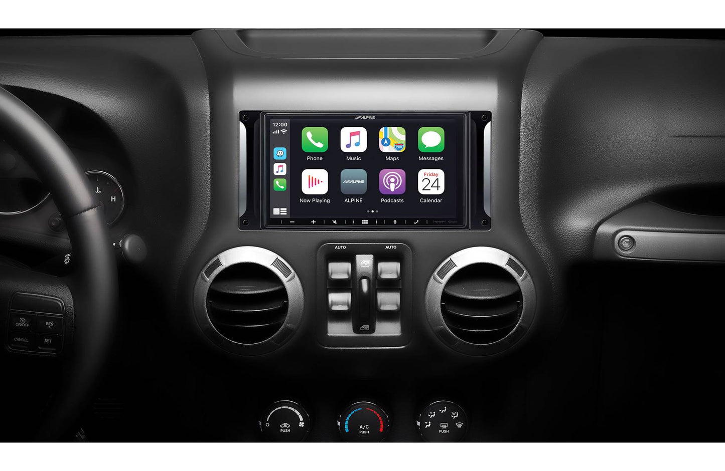 Alpine Restyle i407-WRA-JK Custom-fit digital receiver, wired-only Apple CarPlay and Android Auto, AM/FM, No Discs - 6.95" screen (Select 2007-17 Jeep Wrangler JK and Wrangler JK Unlimited)