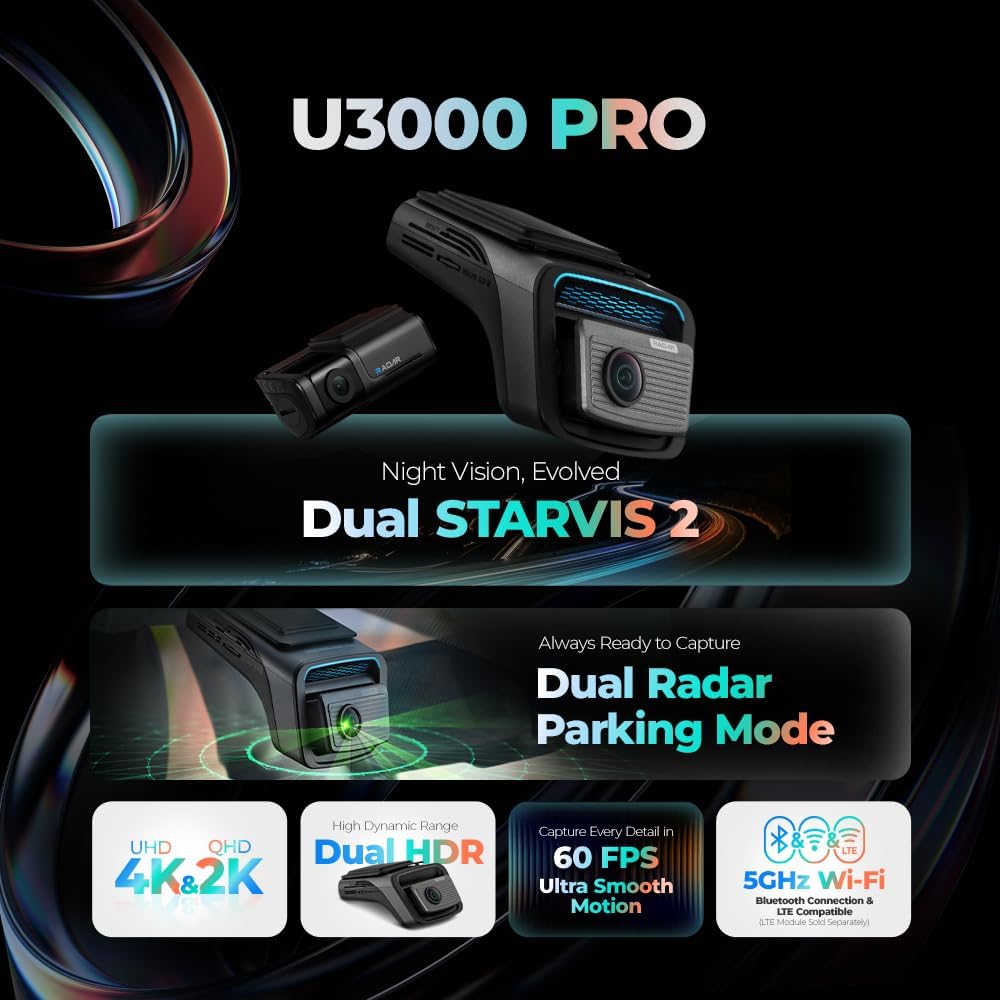 Thinkware U3000 PRO 1-Channel Dash Camera, 4K UHD Front Cam, STARVIS 2 Sensors, 5GHz Wi-Fi GPS, LTE or Cabin Cam Compatible, 64GB Card,