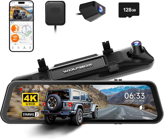 Wolfbox G900 PRO Mirror Dash Cam, 8MP STARVIS IMX678, 12" Rear View Mirror Camera with Front 4K and Rear 2.5K, Voice Control, 5.8GHz WiFi, Loop Recording, 128GB Card, G-Sensor & GPS