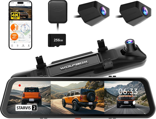 Wolfbox G900 Tripro (Bumper Version) 3-Channel, 4K+2.5K+1080P, Front Rear View Mirror + Front Bumper + Rear Bumper Dash Cam, 4K Mirror Dash Cam, 8MP STARVIS 2 IMX678 Night Vision, 5.8GHz WiFi, Voice Control, 256GB Card & GPS