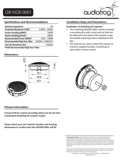 AudioFrog GB10OE-0001 GB-Series 1″ (25 MM) audiophile-grade tweeter, Universal fit