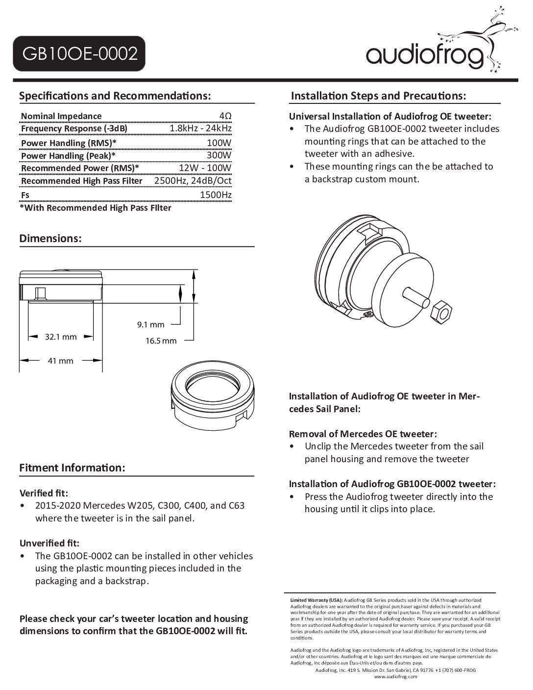 AudioFrog GB10OE-0002 GB-Series 1″ (25 MM) audiophile-grade tweeter, w/waveguide, Universal fit or Toyota