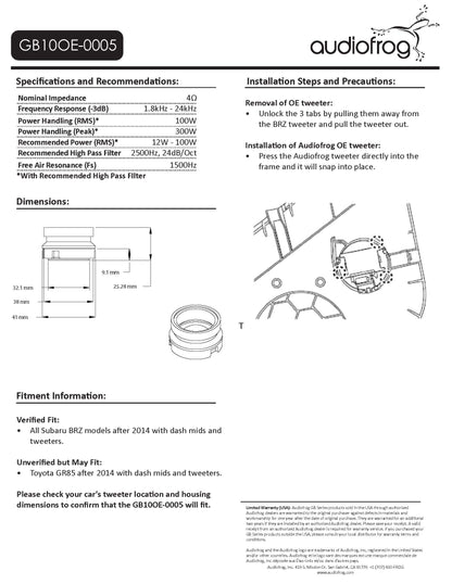 AudioFrog GB10OE-0005 GB-Series 1″ (25 MM) audiophile-grade tweeter, 2013+ Subaru BRZ, Toyota 86 w/dash top location