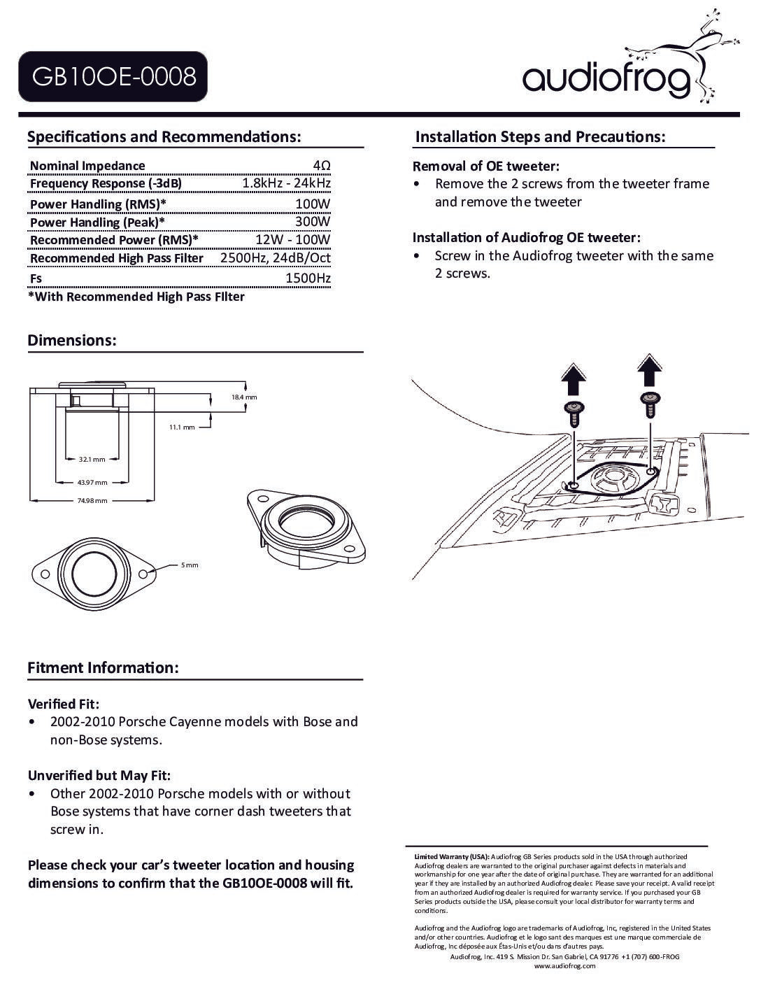 AudioFrog GB10OE-0008 GB-Series 1″ (25 MM) audiophile-grade tweeter, 2002-2010 Porsche w/dash top location