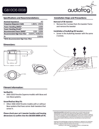 AudioFrog GB10OE-0008 GB-Series 1″ (25 MM) audiophile-grade tweeter, 2002-2010 Porsche w/dash top location