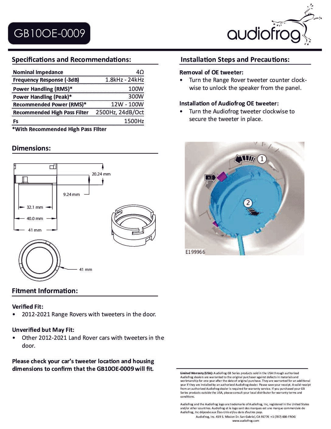 AudioFrog GB10OE-0009 GB-Series 1″ (25 MM) audiophile-grade tweeter, 2012-21 Range Rover w/door location