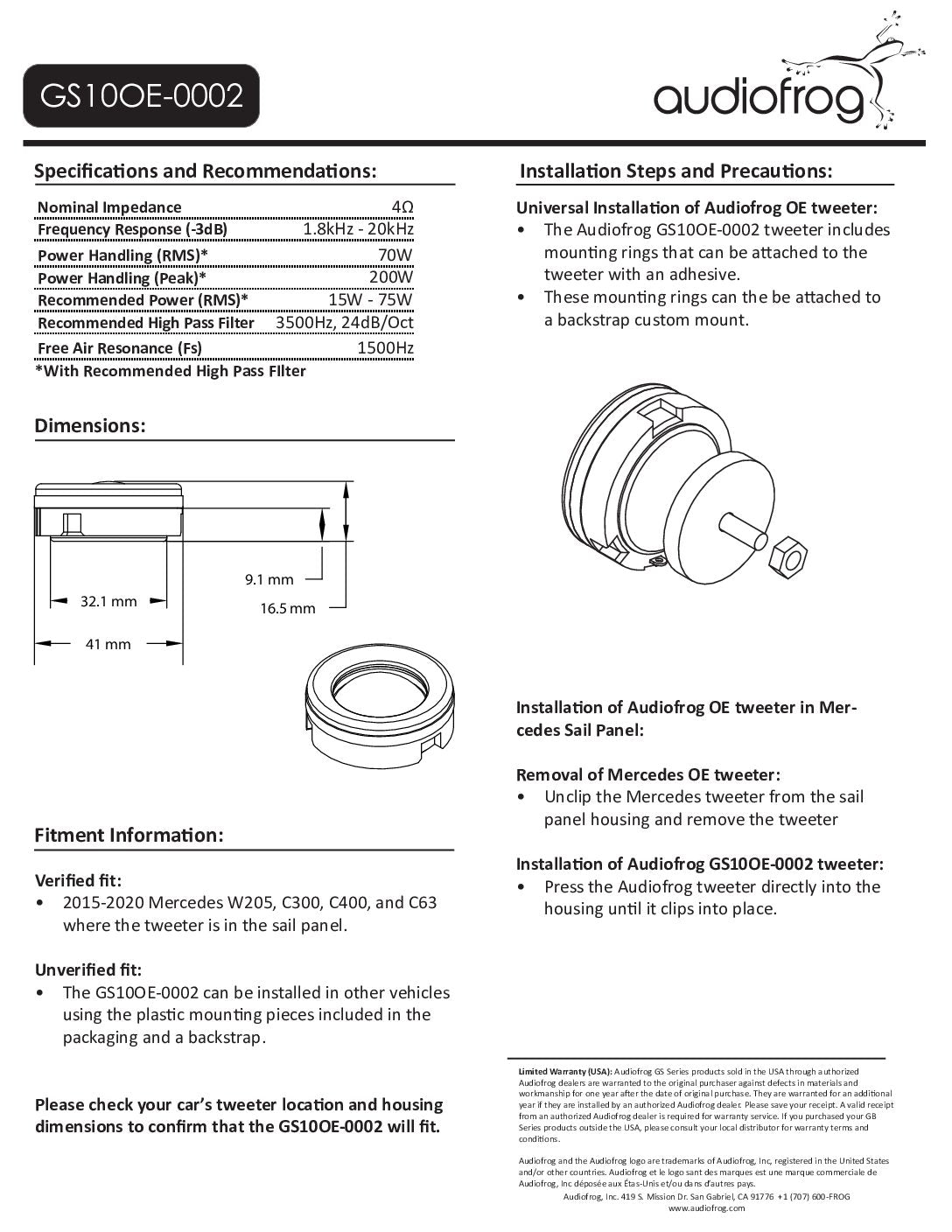 AudioFrog GS10OE-0002 GS-Series Custom Tweeter, with Waveguide, No Grille (Mercedes)