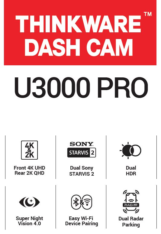 Thinkware U3000PRO 2-Channel Dash Camera, 4K UHD Front Cam with 2K QHD Rear Cam