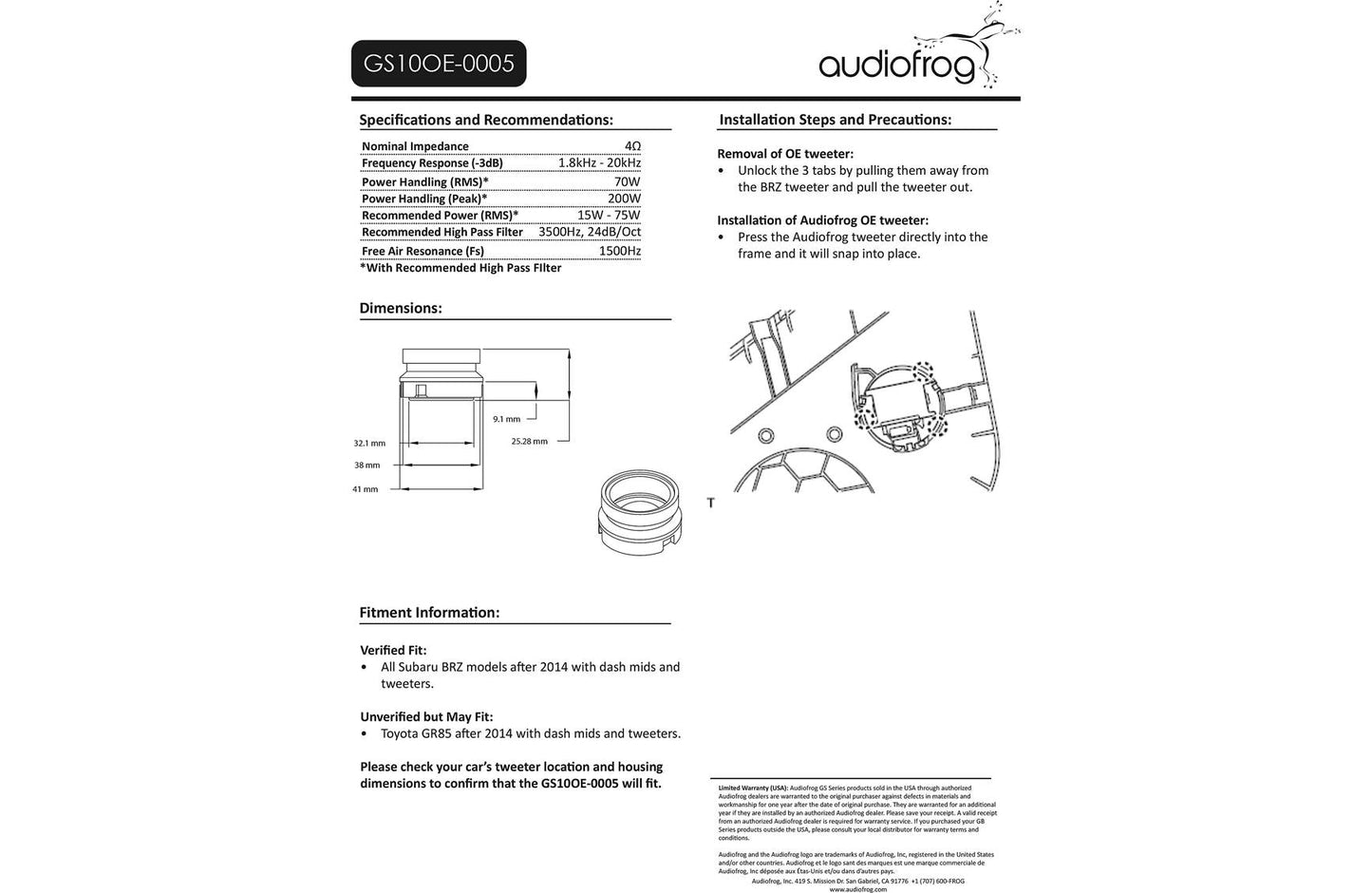 AudioFrog GS10OE-0005 GS-Series 1" tweeters (direct replacement tweeters, select 2014+ Subaru BRZ, Scion FR-S and Toyota 86/GR86)