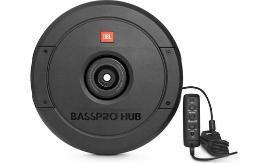 JBL BassPro Hub Powered 12" subwoofer enclosure with 200-watt amp — mounts to hub of spare tire